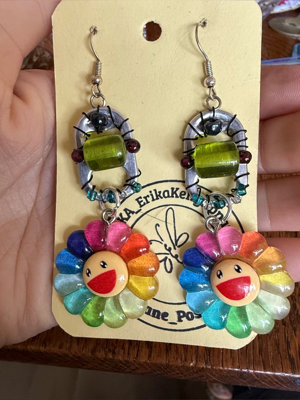 Real Stones & Glass Beads Handmade Upcycled Earrings Colorful Smiley Flowers - Picture 1 of 3